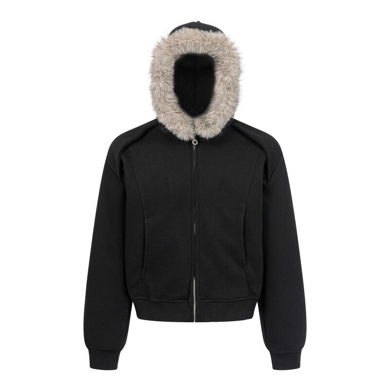Fake Fur Collar Deconstructed Short Length Oversize Zipper Hoodie WN24239