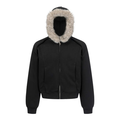 Fake Fur Collar Deconstructed Short Length Oversize Zipper Hoodie WN24239