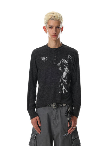 Henley Neck Letter Graphic Long Sleeve T-Shirt WN27965
