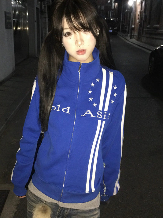 Stand Neck Stripe Logo Print Jacket WN27174