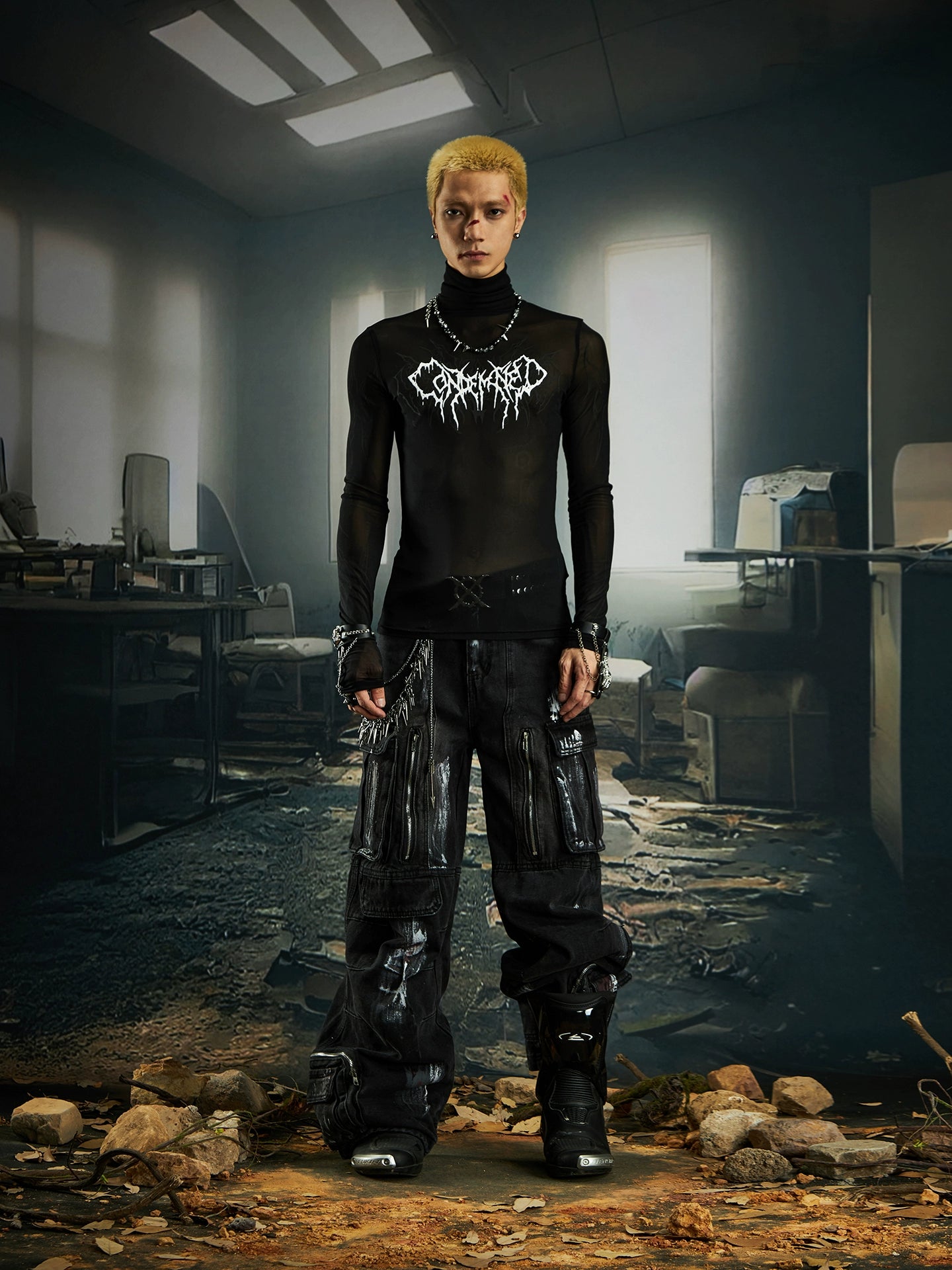 High Elastic Tight Gel Print High-Neck Long Sleeve T-Shirt WN20554