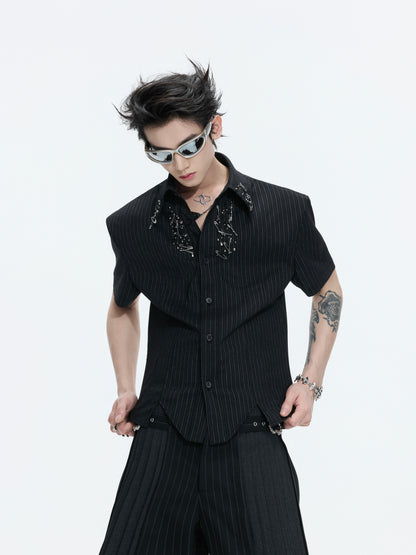Standing-Collar Shoulder-pad Stripe Asymmetric Short Sleeve Shirt WN26998