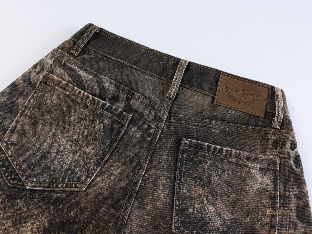 Leopard Print Patchwork Wide Leg Denim Jeans WN27839