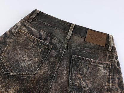 Leopard Print Patchwork Wide Leg Denim Jeans WN27839