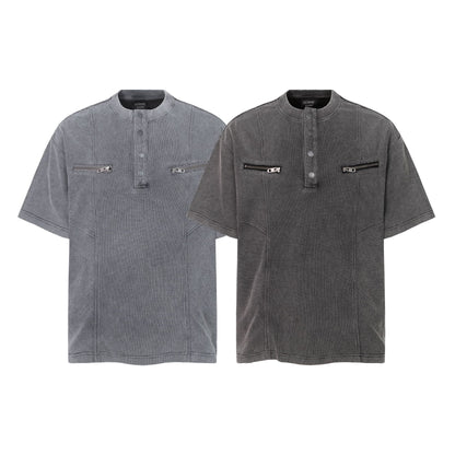 Half-Open Collar Check Wash Damage Short Sleeve T-Shirt WN25643