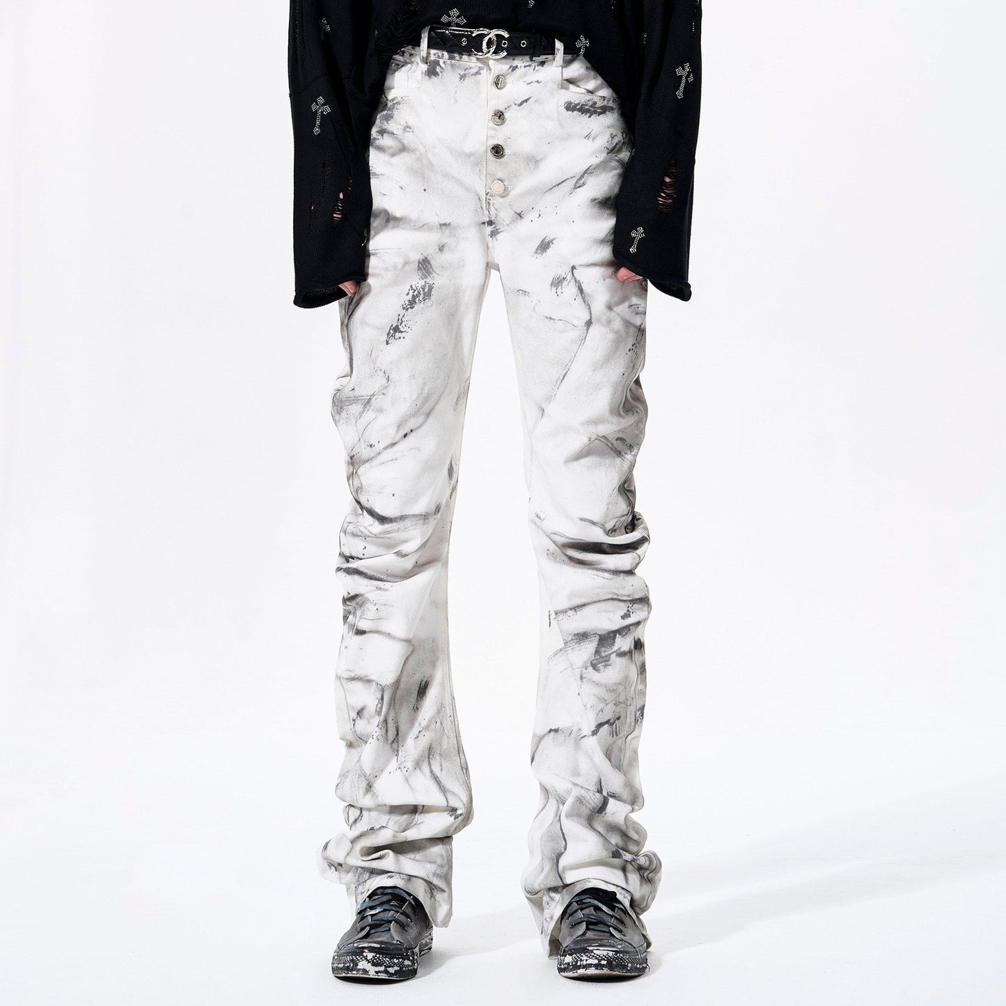 Tie-Dye Pleats Stacked Denim Jeans WN23279