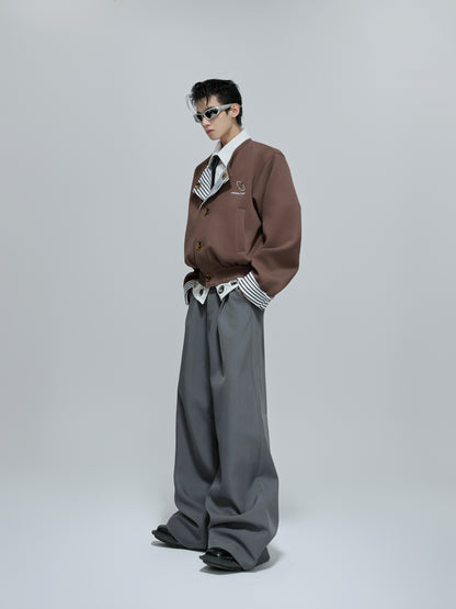 Striped Fake Layered Collarless Embroidery Short Jacket WN21711