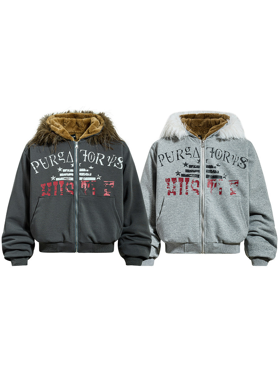 Fake Fur Graffiti Print Zipper Hooded Jacket WN24158
