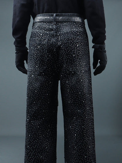 Rhinestone Star Design Washed Ribbon Wide Leg Denim Jeans WN23768