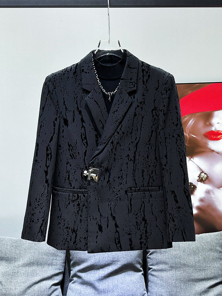 Splatter Print Metal Buckle Shoulder-pad Tailored Jacket & Straight Trousers Setup WN23965