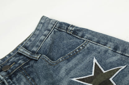 Washed Star Applique Wide Leg Denim Jeans WN25451