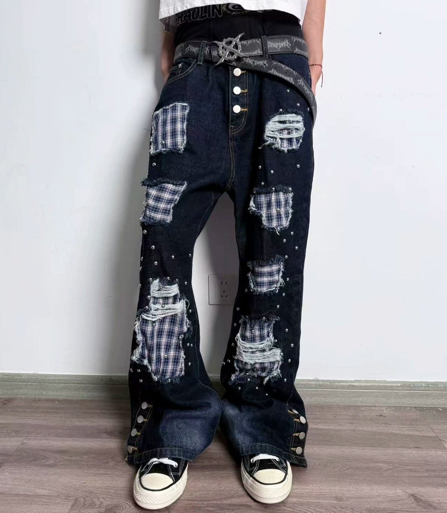 Hole Plaid Studs Flare Denim Jeans WN20909