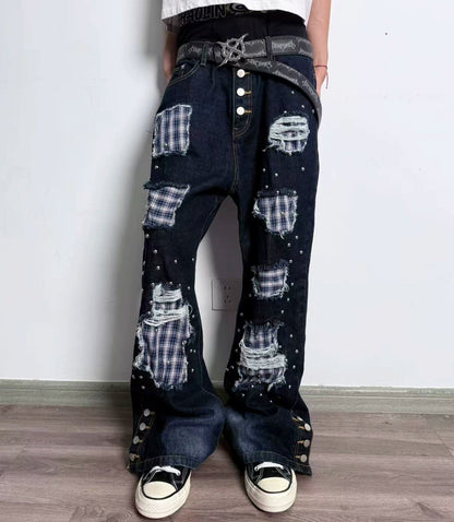 Hole Plaid Studs Flare Denim Jeans WN20909