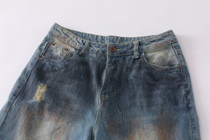 Dirty Dye Damage Design Wide-Leg Denim Jeans WN15087