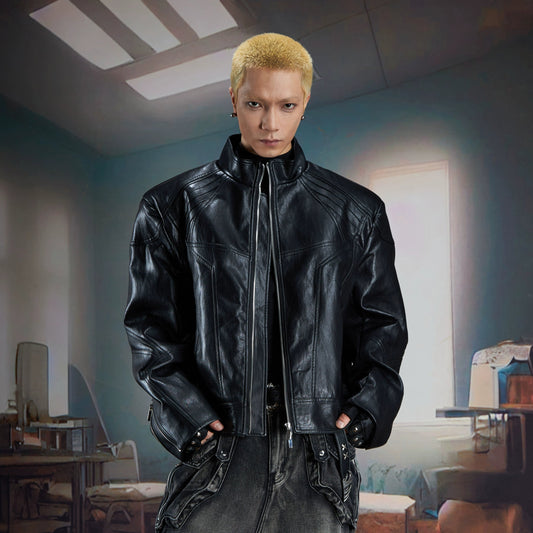 Splicing Stand Neck Zipper PU Leather Jacket WN21339