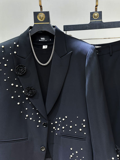 Beaded Rhinestone Tailored Jacket & Flare Trousers Setup WN23870