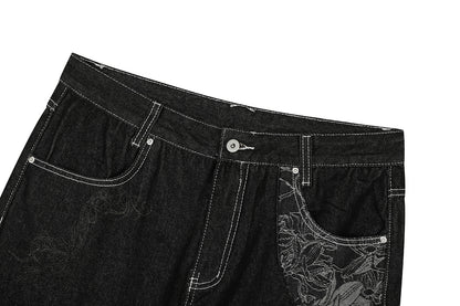 Contrast Stitch Bandana Patch Wide Leg Denim Jeans WN25979