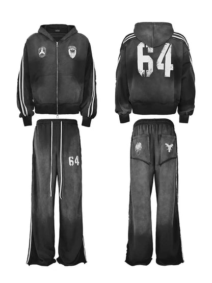 Washed Stripe Print Zipper Hoodie & Sweaetpants Setup WN20833