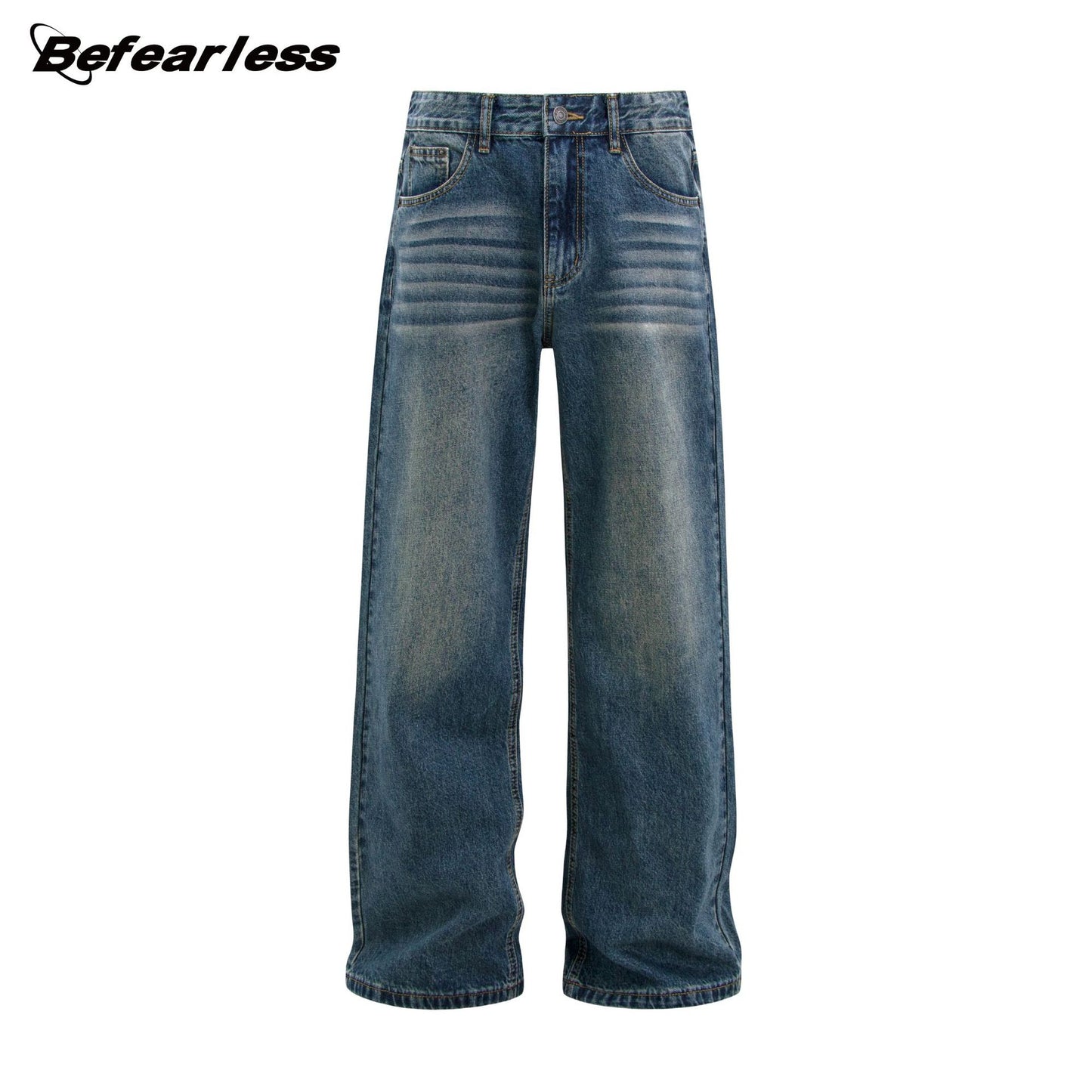 Washed Whisker Adjustable Waist Straight Denim Jeans WN26284