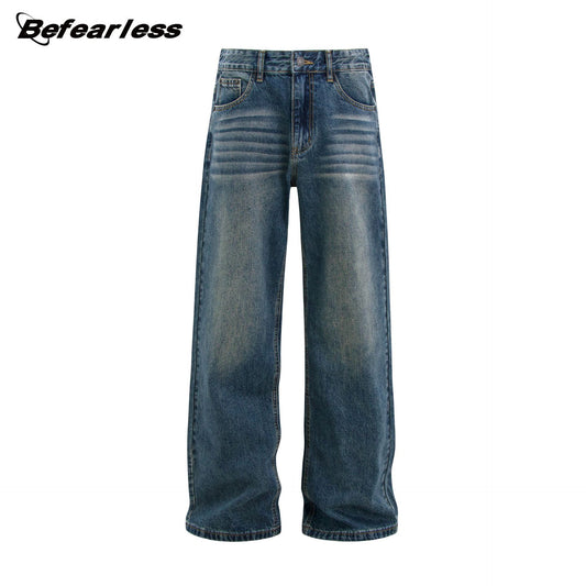 Washed Whisker Adjustable Waist Straight Denim Jeans WN26284