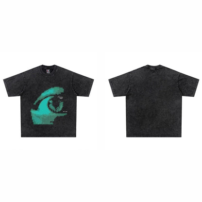 Wash Blue Eye Print Oversize Short Sleeve T-Shirt WN16603