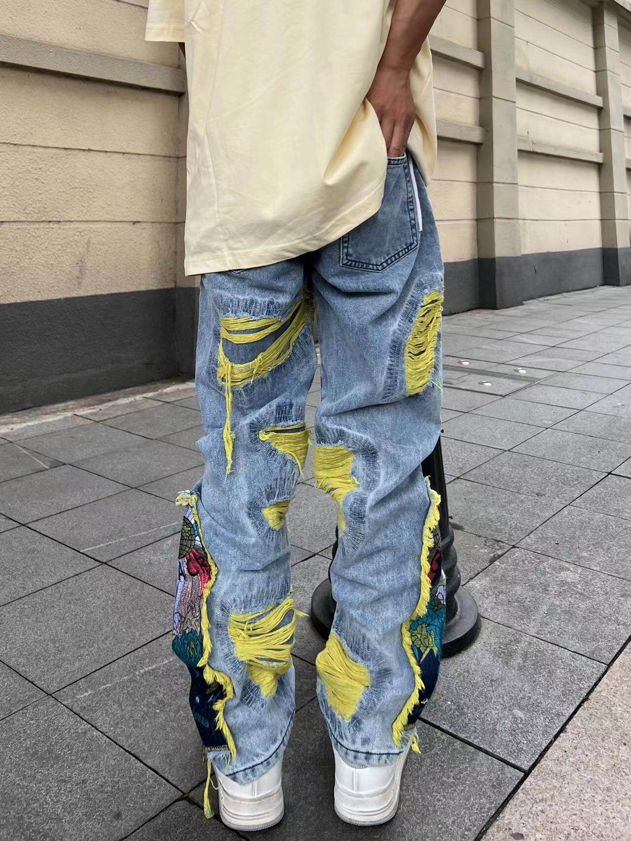 Multi Embroidery Damage Wide Leg Denim Jeans WN24075