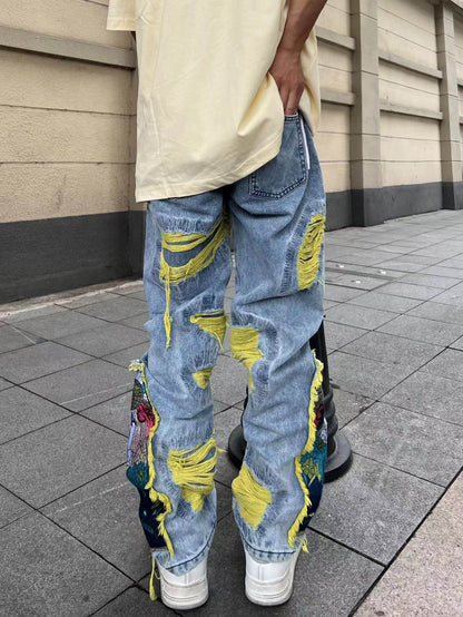 Multi Embroidery Damage Wide Leg Denim Jeans WN24075