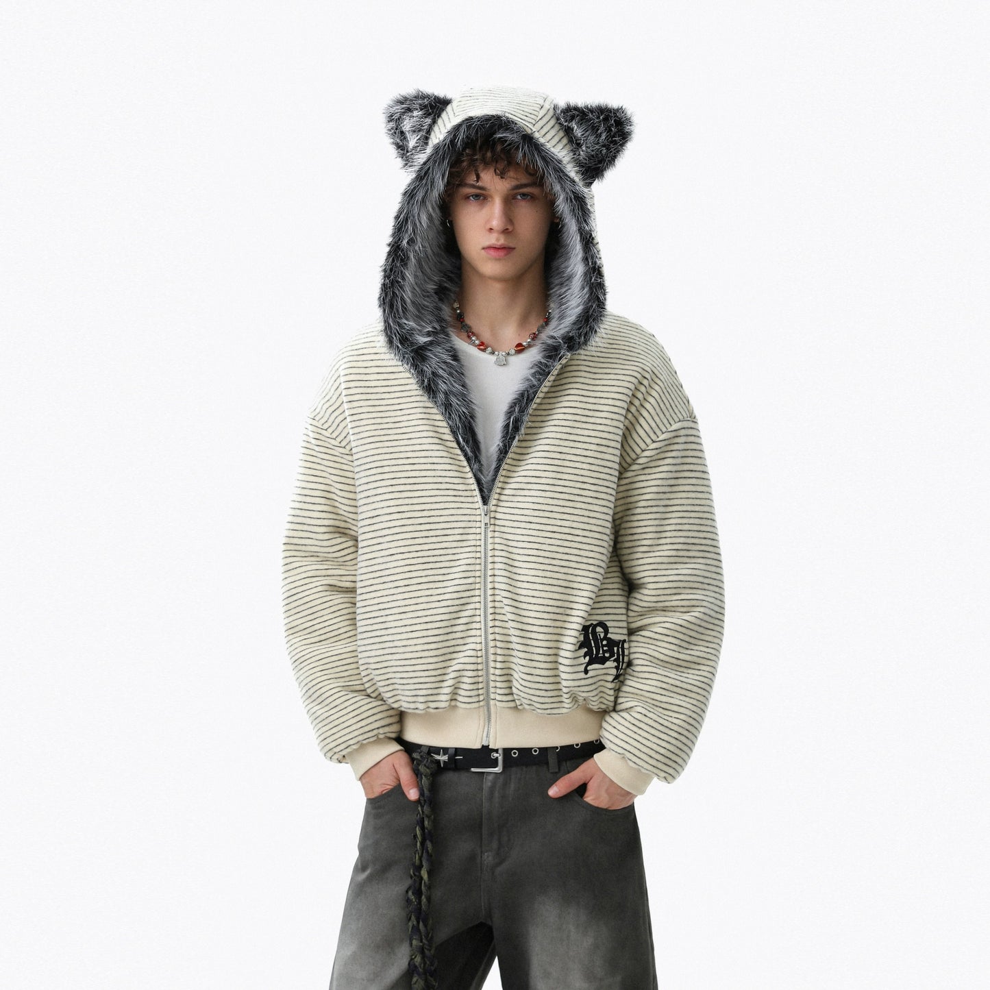 Fake Fur-Collar Stripe Zipper Hoodie WN22098