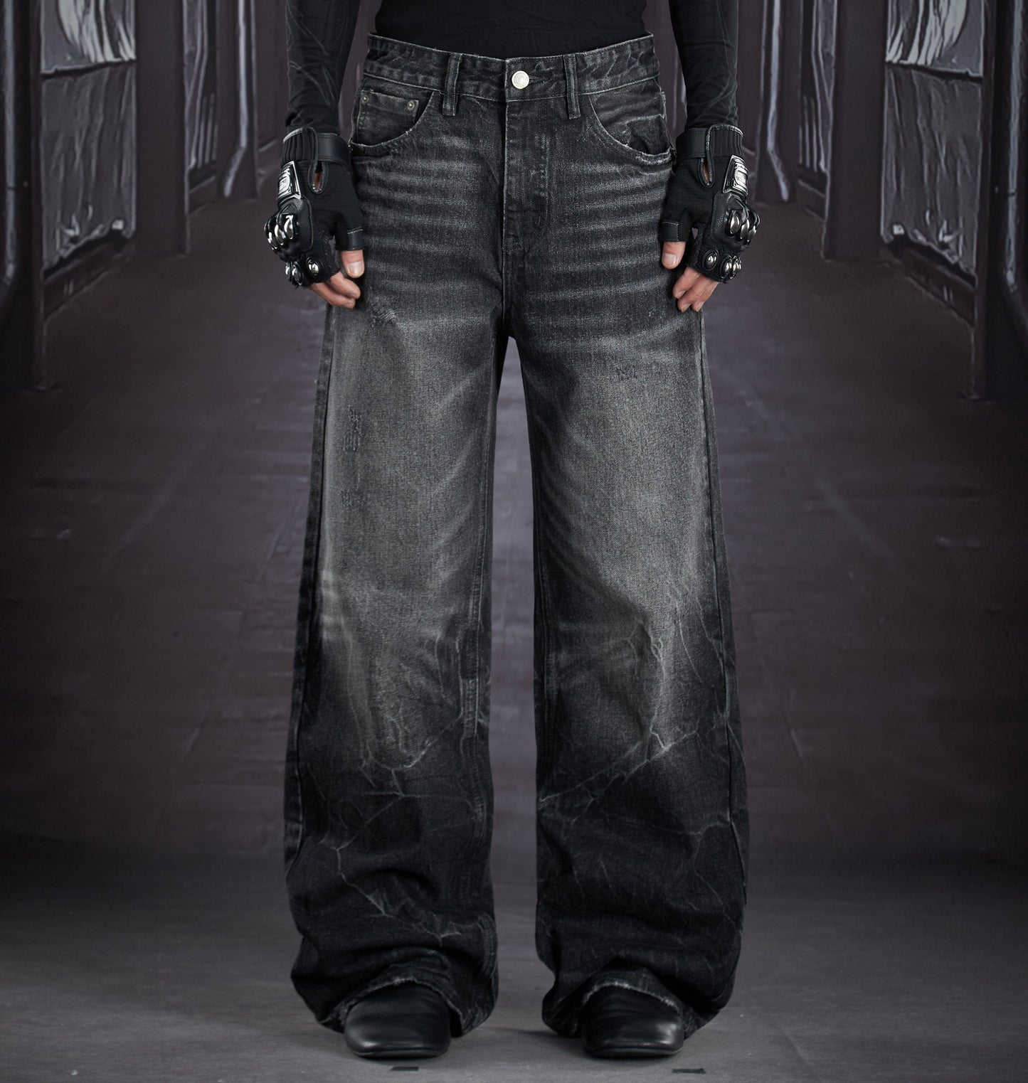 Art Whisker Honeycomb Wash Damage Straight Denim Jeans WN22902