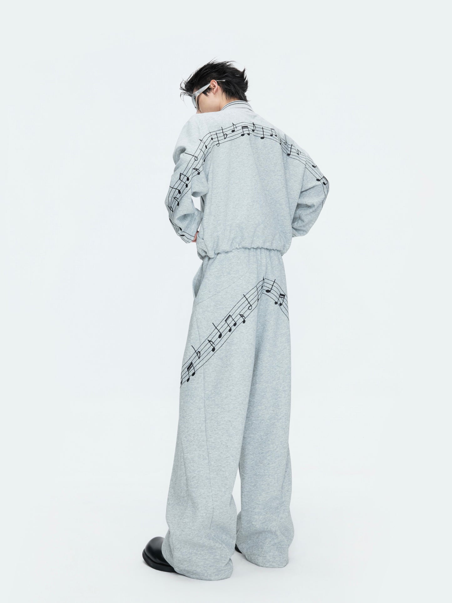 Musical Note Embroidery Boxy Lapel Jacket & Drawstring Wide Leg Pants Setup WN26979