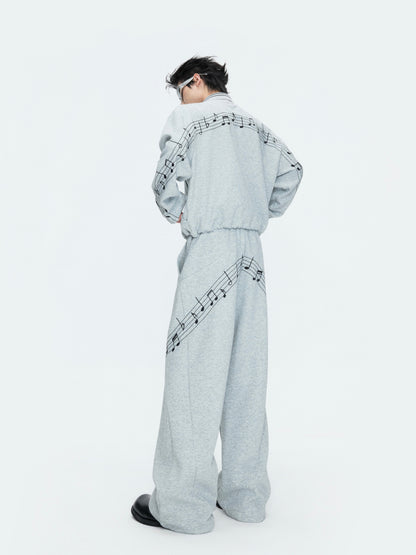 Musical Note Embroidery Boxy Lapel Jacket & Drawstring Wide Leg Pants Setup WN26979