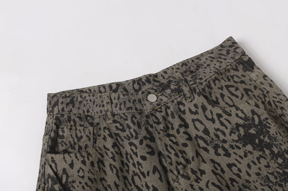 Leopard Print Curved Straight Wide Leg Denim Jeans WN25675