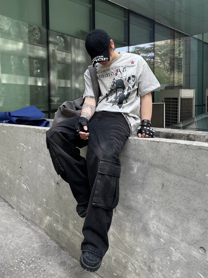 Portrait Letter Print Washed Oversize Short Sleeve T-Shirt WN14990