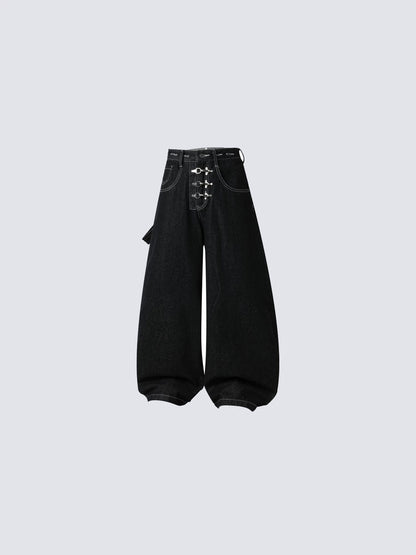 Detachable Suspender Buckle High Waist Wide Leg Denim Jeans WN28001