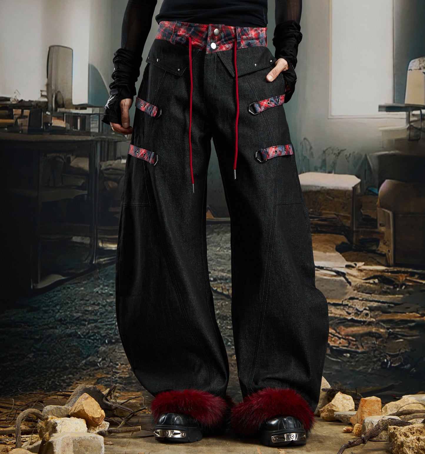 Plaid Patchwork Lace-Up Fake Fur Denim Sleeveless Shirt & Pants Setup WN22730