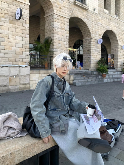 Large Pocket Button Shoulder-Pad Denim Jacket WN19930