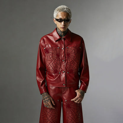 Snap-Button Emboss PU Leather Jacket &PU Leather Wide Leg Pants Setup WN23095-K