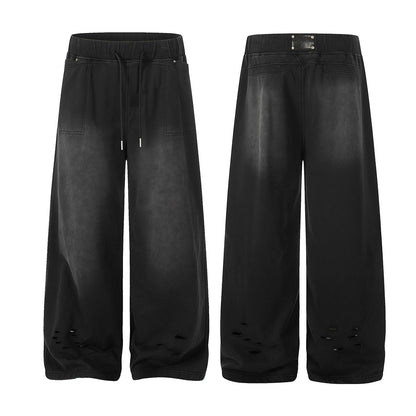 Washed Damage Drawstring Wide Leg Sweatpants WN25446