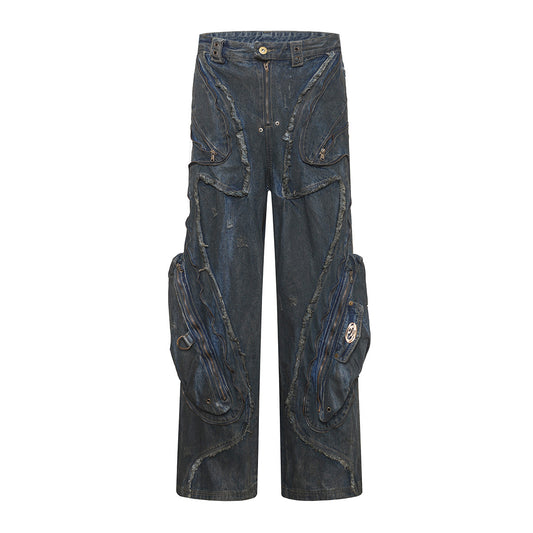 Washed Heavy-Duty Cargo Denim Jeans WN11359