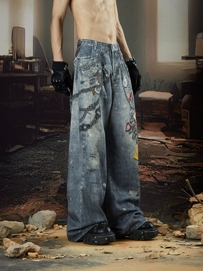 Chain Print Washed Wide Leg Denim Jeans WN18421