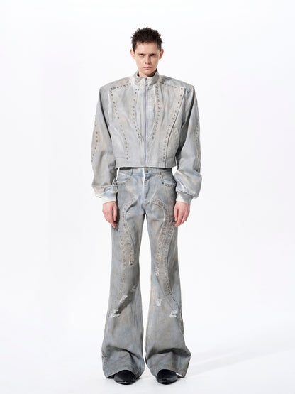 Deconstructed Paint Damage Stand Neck Short Denim Jacket & Denim Jeans Setup WN23280