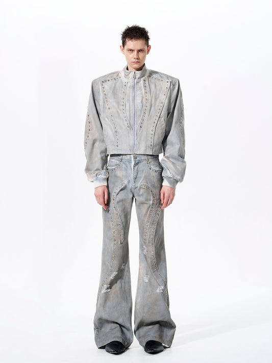 Deconstructed Paint Damage Stand Neck Short Denim Jacket & Denim Jeans Setup WN23280
