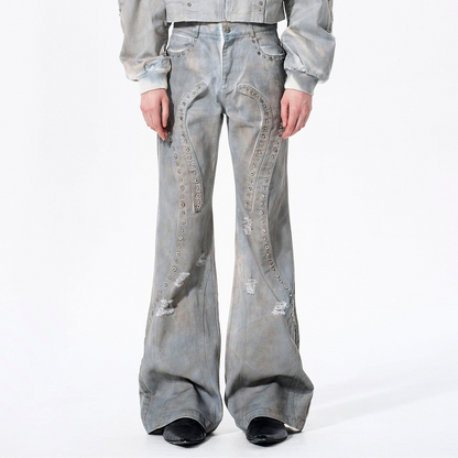 Deconstructed Paint Damage Stand Neck Short Denim Jacket & Denim Jeans Setup WN23280
