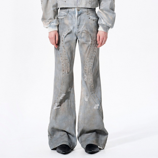 Deconstructed Paint Damage Stand Neck Short Denim Jacket & Denim Jeans Setup WN23280