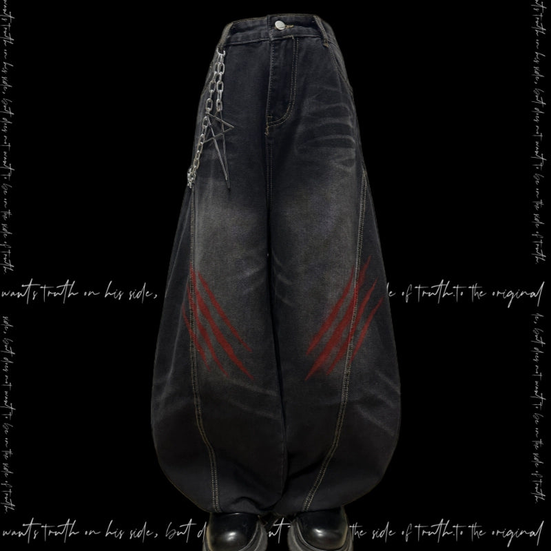 Washed Whisker Scratch Wide Leg Denim Jeans & Belt & Chain WN20117