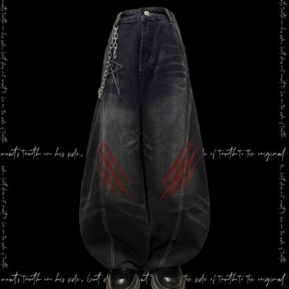 Washed Whisker Scratch Wide Leg Denim Jeans & Belt & Chain WN20117