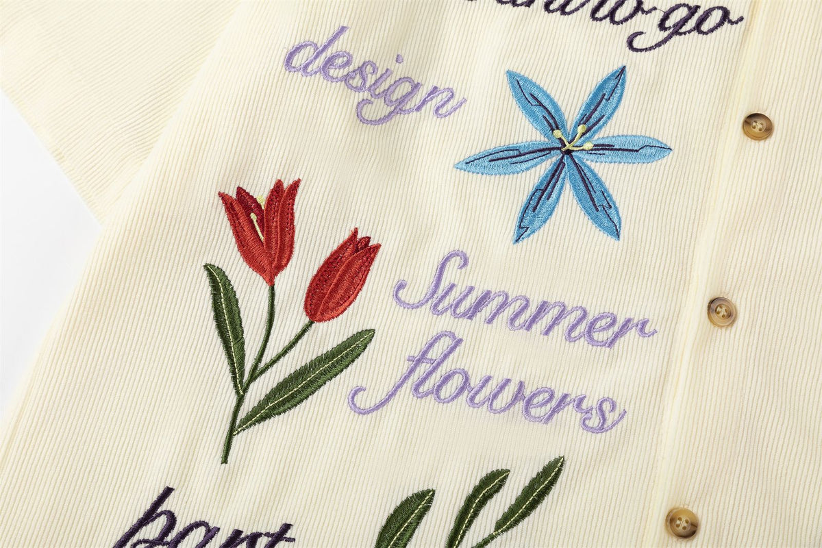 Corduroy Floral Embroidery Short Sleeve Shirt WN26835