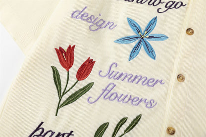 Corduroy Floral Embroidery Short Sleeve Shirt WN26835