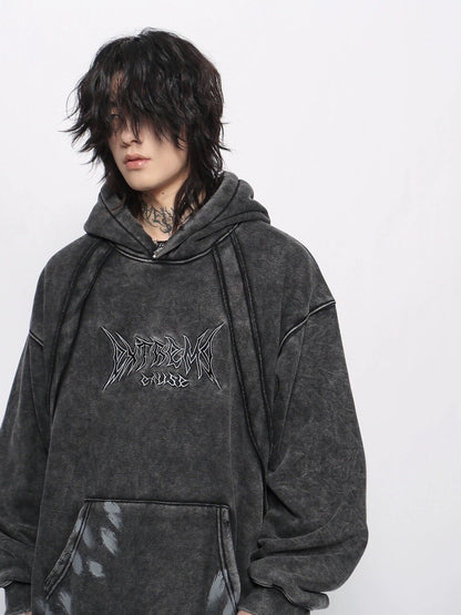 Graphic Print Patchwork Washed Oversize Pullover Hoodie WN24423