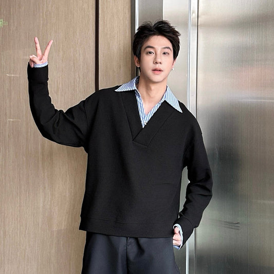 Fake Layered V-Neck Long Sleeve T-Shirt WN25202